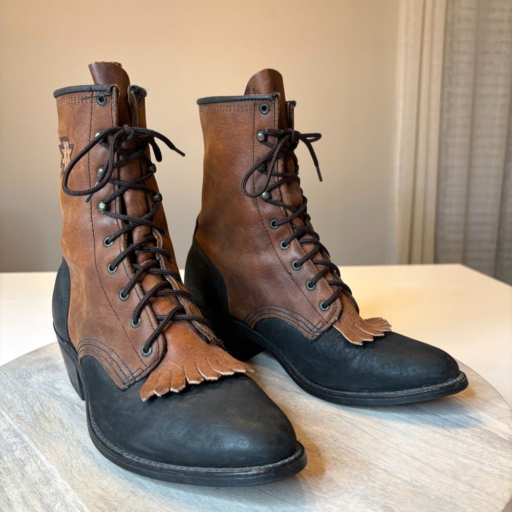 Abilene Women's 7M Brown Black Leather Western Lace Up Ankle Boots Fringe Heel